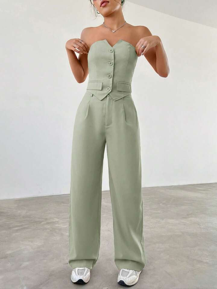 CM-SS919346 Women Elegant Seoul Style Single-Breasted Bustier With Asymmetrical Hem Pleated Pants - Set