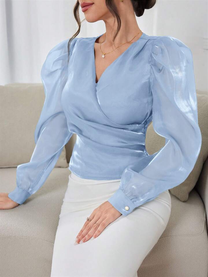 CM-TS584060 Women Elegant Seoul Style Solid Color V-Neck Puff Sleeve Wrap-Around Shirt - Baby Blue