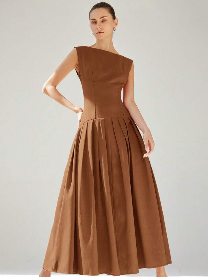 CM-DS711411 Women Elegant Seoul Style Sleeveless Cinched Waist Low Waist Pleated Ruffle Hem Long Dress - Brown