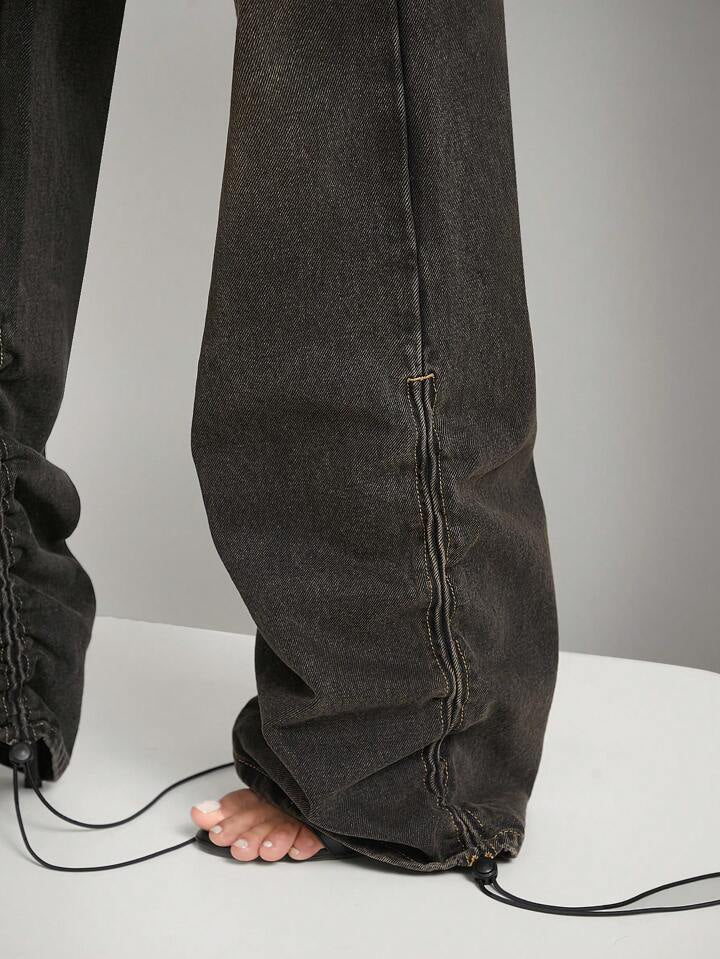 CM-BS159999 Women Casual Seoul Style Ruched Hem Tinted Utility Wide Leg Denim Jeans