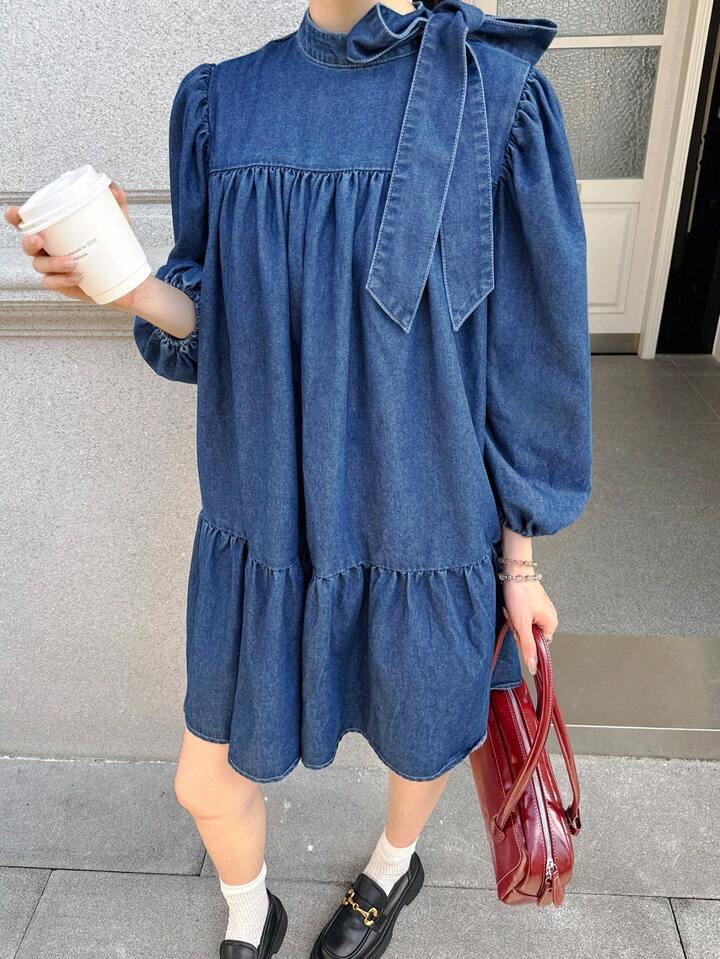 CM-DS154165 Women Elegant Seoul Style Medium Wash Bow Tie Lantern Sleeve Oversized Babydoll Denim Dress