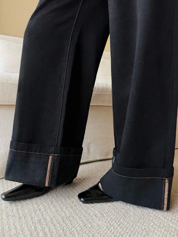 CM-BS337303 Women Casual Seoul Style Ribbon Decorative Pockets High Waist Extra Long Wide Leg Jeans - Black