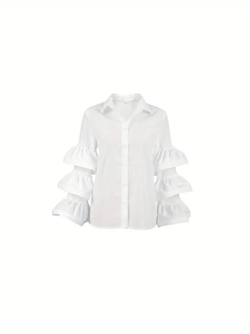 CM-TT105907 Women Elegant Seoul Style Botton Front Ruffle Trim Long Sleeve Blouse - White