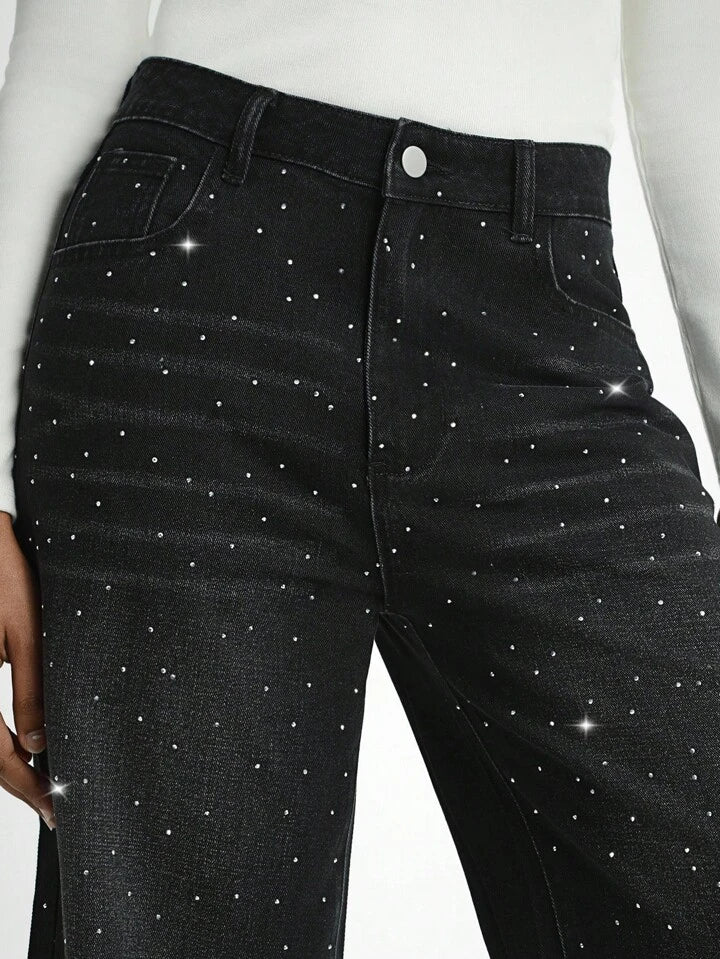 CM-BS359973 Women Casual Seoul Style Mid Waist Rhinestone Embellished Wide Leg Denim Jeans - Black