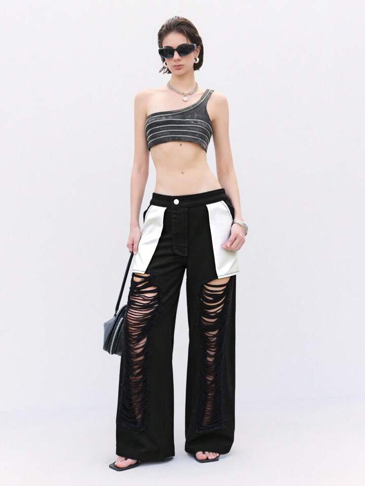 CM-BS265615 Women Casual Seoul Style Colorblock Low Waist Ripped Straight Leg Jeans - Black