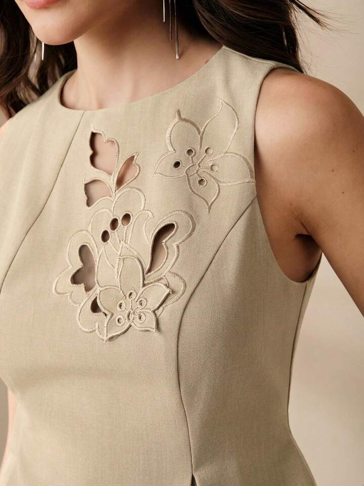 CM-TS666001 Women Elegant Seoul Style Embroidered Waist Fitted A-Line Asymmetrical Hem Tank Top - Apricot