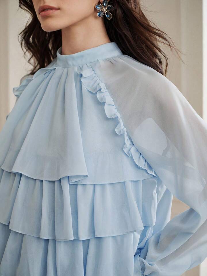 CM-TS611176 Women Elegant Seoul Style Stand Collar Multi-Layer Ruffle Flowy Long Sleeve Sheer Blouse - Blue