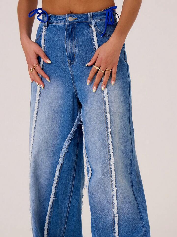 CM-BS622355 Women Casual Seoul Style Drop Waist Distressed Seam Wide Leg Jeans - Blue