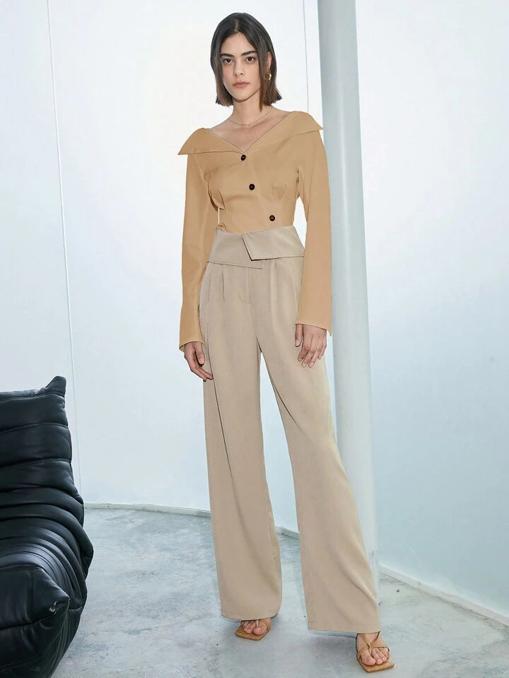 CM-TS767698 Women Elegant Seoul Style V-Neck Solid Color Long Sleeve Shirt - Khaki