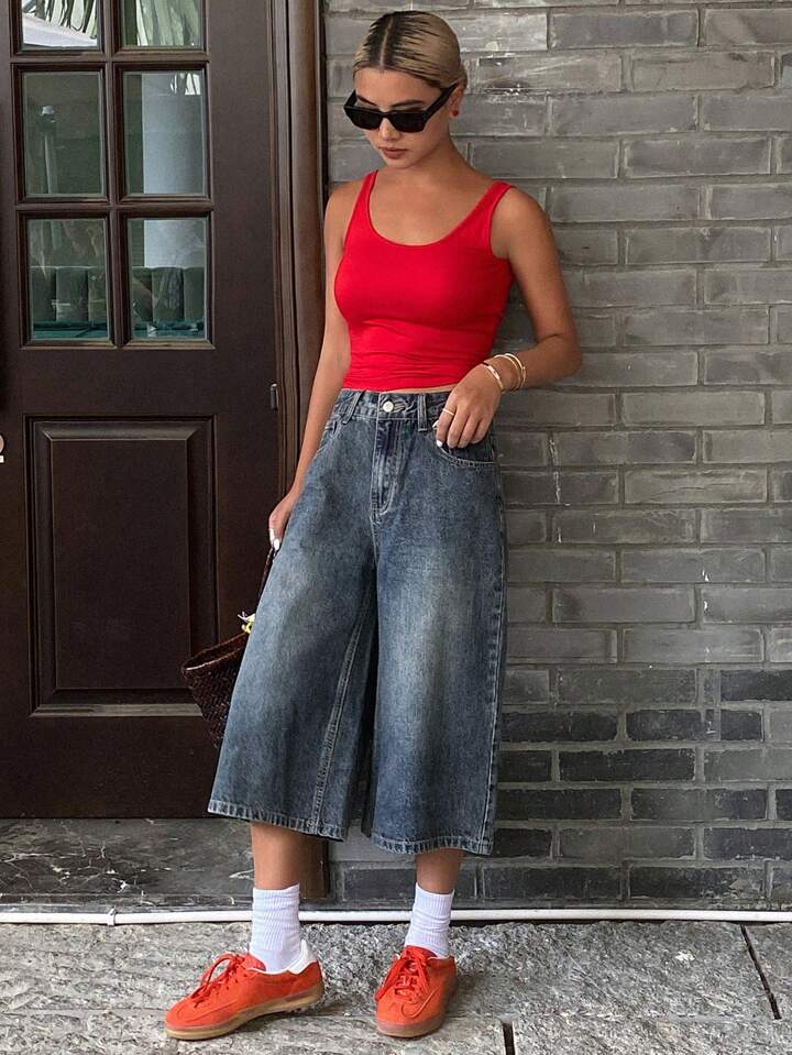 CM-BS665377 Women Casual Seoul Style Distressed Patch Pocket Wide Leg Jeans - Blue