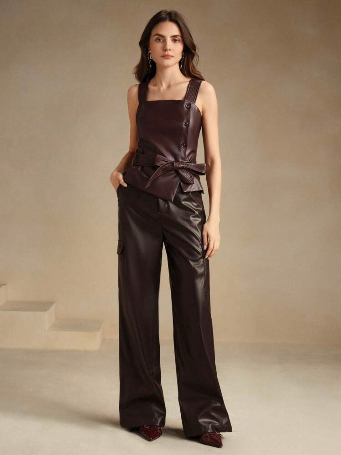 CM-TS629662 Women Elegant Seoul Style PU Leather Sleeveless Belted Cropped Tank Top - Coffee Brown