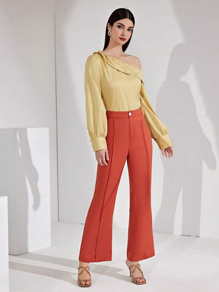 CM-TS672724 Women Casual Seoul Style Asymmetrical Collar Neckline Long Sleeve Shirt