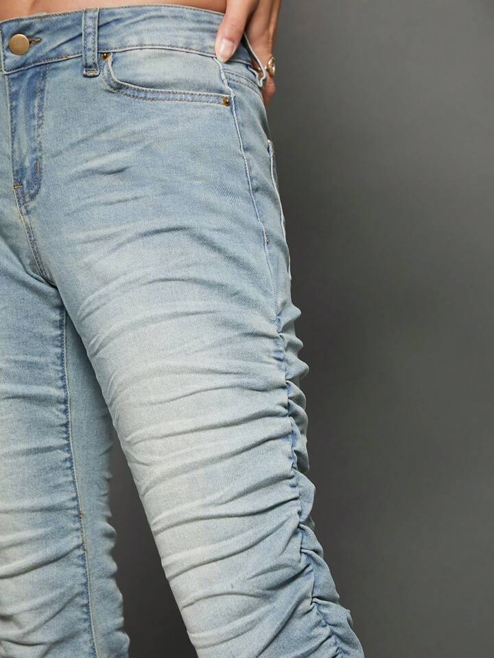 CM-BS318682 Women Casual Seoul Style Light Wash Drop Waist Stacked Straight Leg Jeans