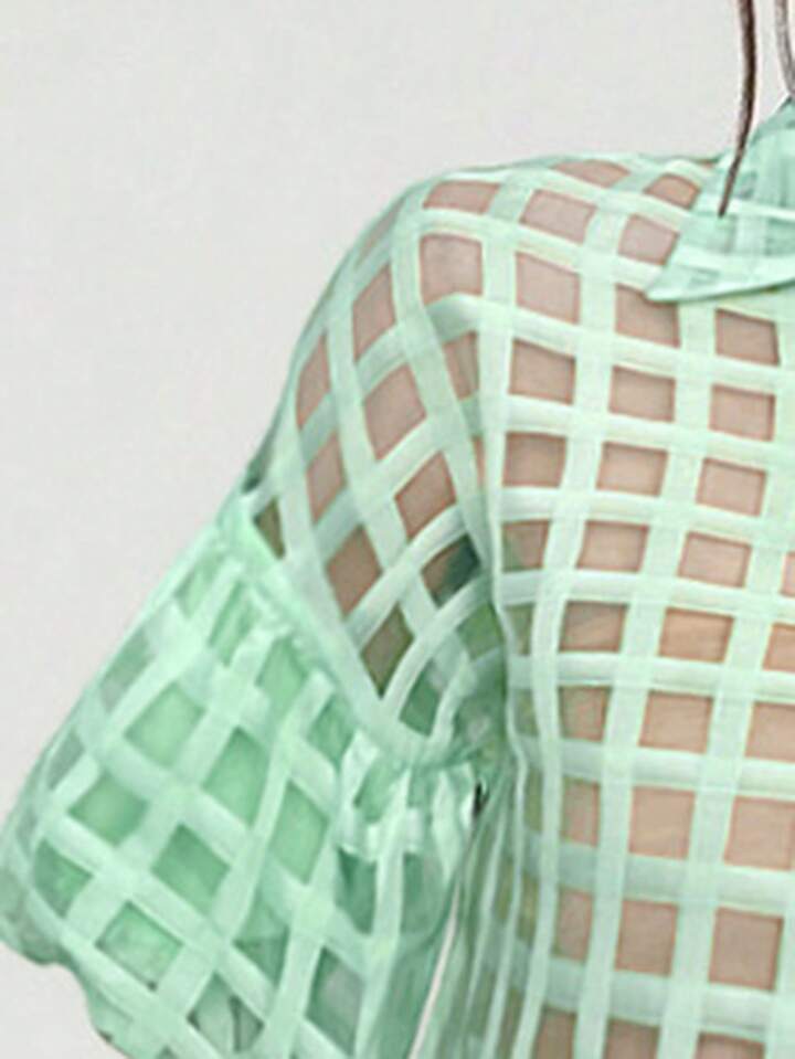 CM-TS600039 Women Casual Seoul Style Plaid Mesh Drop Shoulder Crop Shirt - Mint Green