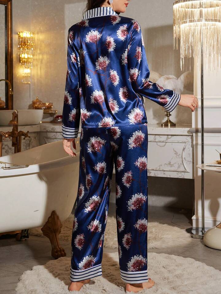 CM-LS474589 Women Trendy Seoul Style Floral Print Contrast Color Satin Lapel Pajamas Set
