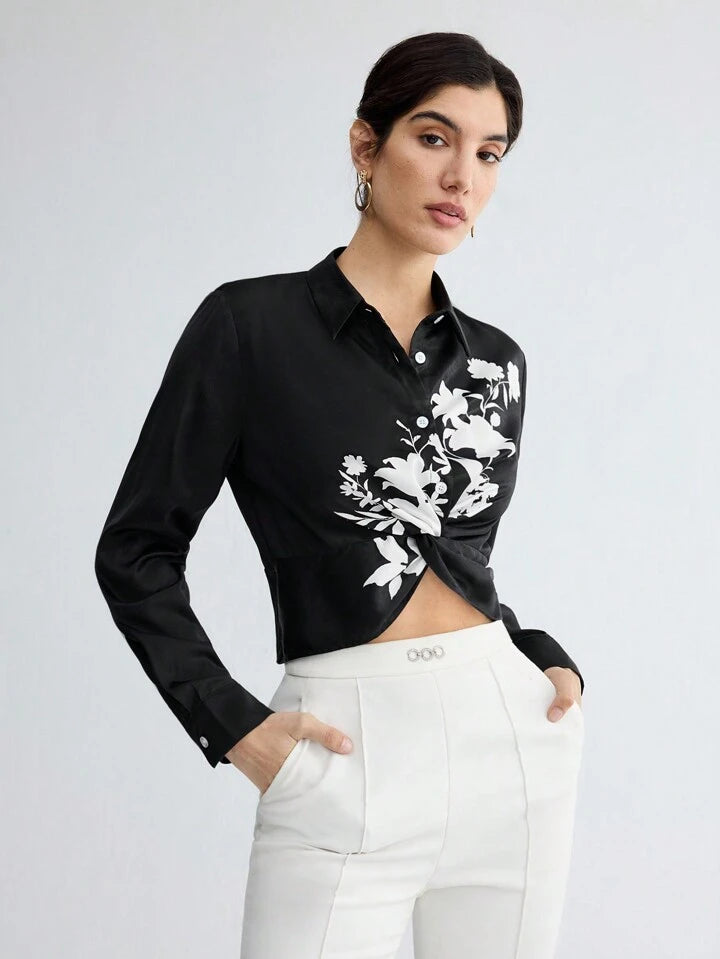 CM-TS676973 Women Elegant Seoul Style Plant Print Twist Front Hem Long Sleeve Shirt