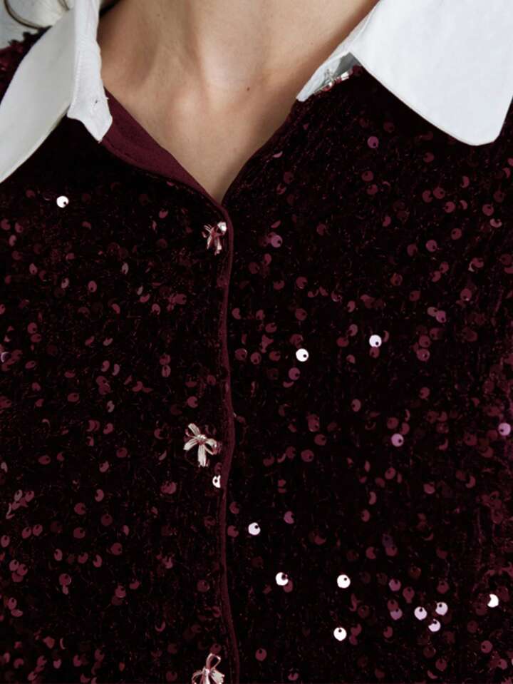 CM-DS117007 Women Elegant Seoul Style Sequin Patchwork Colorblock Shirt Collar Long Sleeve Midi Dress