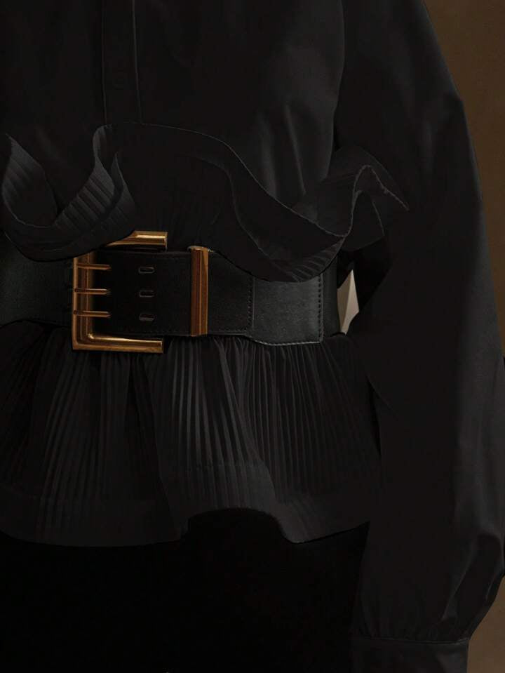 CM-TS065109 Women Elegant Seoul Style Waisted Multilayer Ruffle Hem Loose Blouse - Black