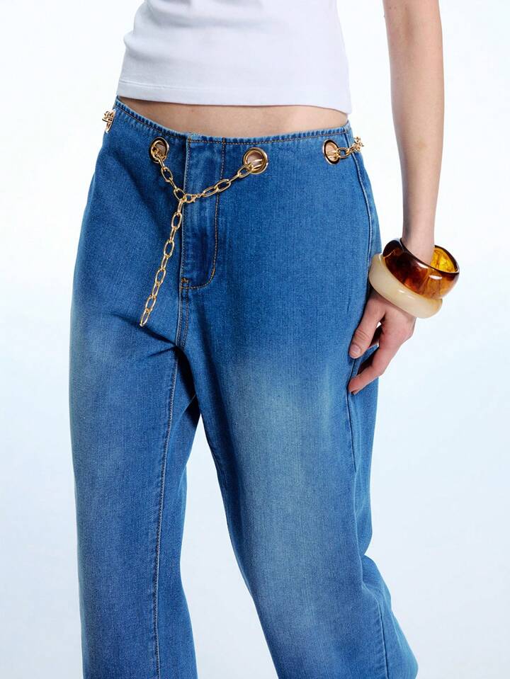 CM-BS250871 Women Casual Seoul Style Low Waist Metal Chain Decor Straight Leg Loose Jeans - Blue