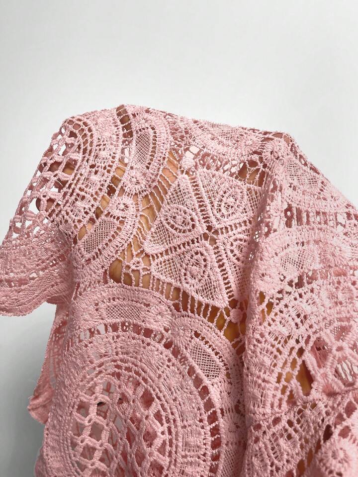 CM-TS544222 Women Casual Seoul Style Stand Collar Lace Hollow-Out See-Through Blouse - Pink