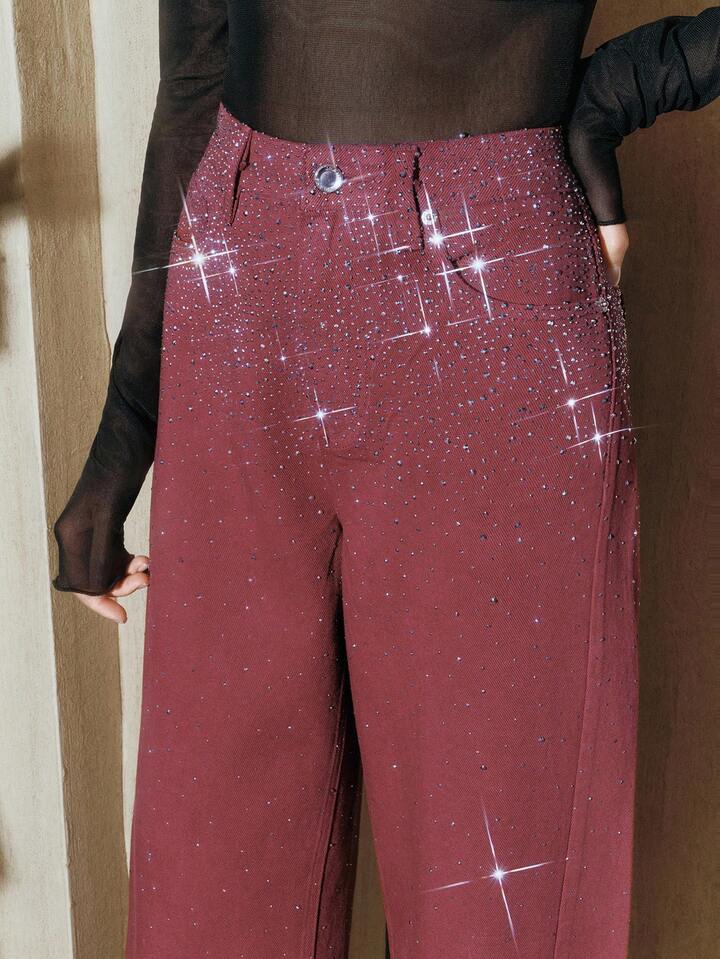 CM-BS349219 Women Elegant Seoul Style Mid Waist Baggy Flared Leg Pants - Burgundy