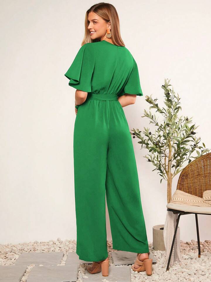 CM-JS430287 Women Casual Seoul Style V-Neck Ruffle Short Sleeve Jumpsuit - Green