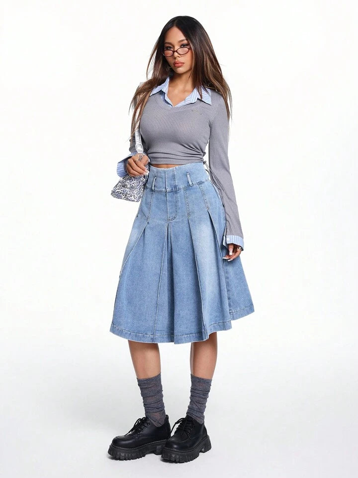 CM-BS494844 Women Casual Seoul Style Mid Waist Knee Length Denim A-Line Pleated Skirt - Blue