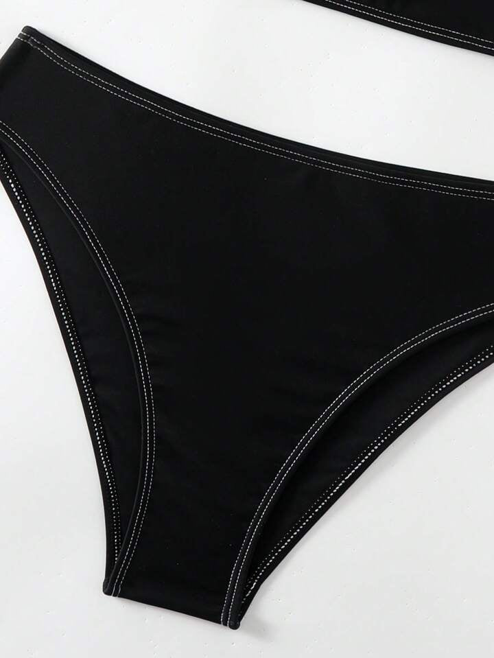 CM-SWS522022 Women Trendy Seoul Style See-Through Deep V-Neck Straps Bikini Set - Black