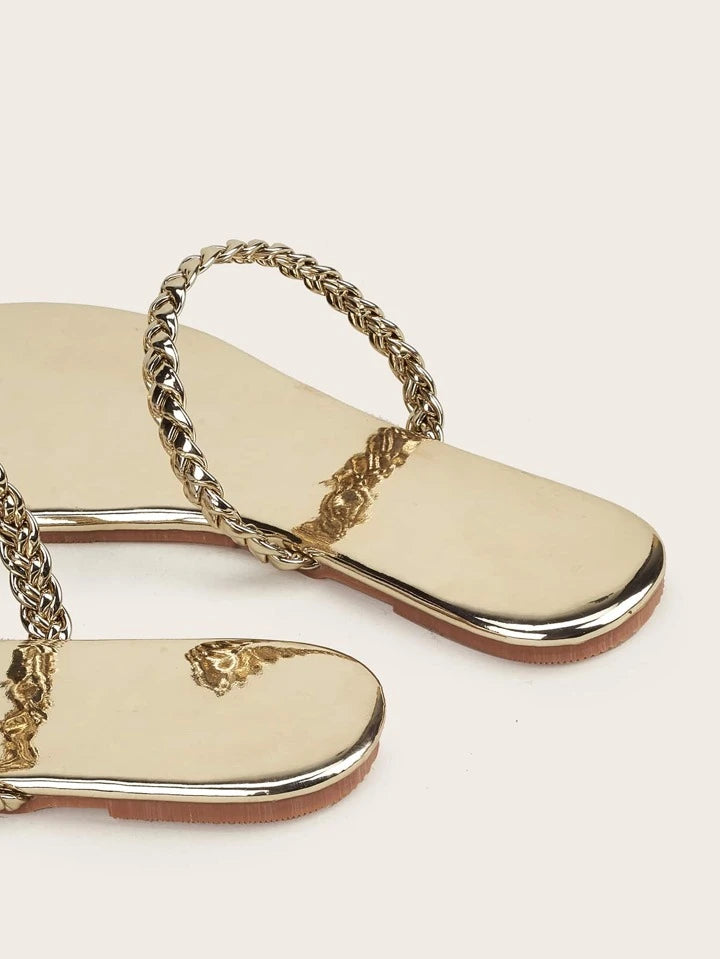 CM-SHS517273 Women Trendy Seoul Style Metallic Rhinestone Decor Braided Thong Flat Sandals - Gold