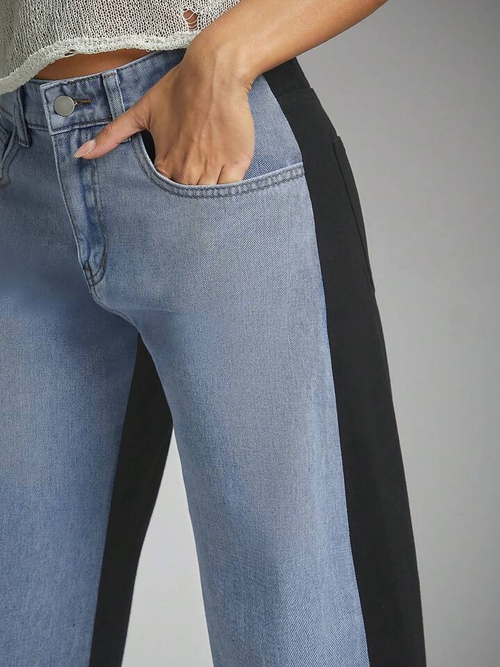 CM-BS471070 Women Casual Seoul Style Two-Tone Contrast-Color Pocket Denim Straight Leg Jeans