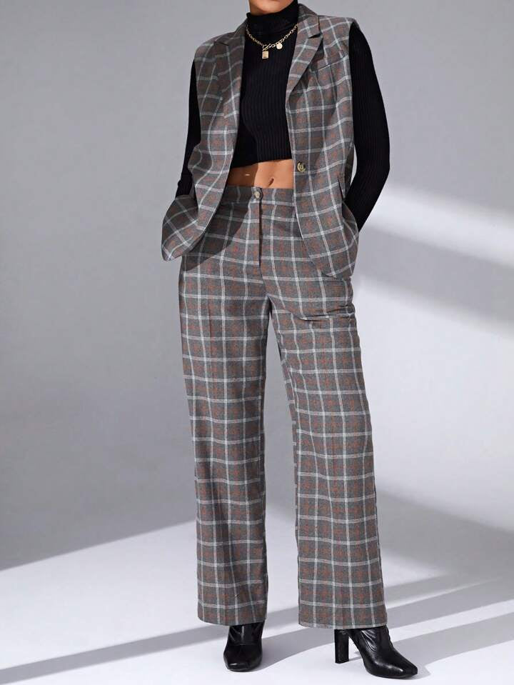 CM-SS789299 Women Casual Seoul Style Plaid Print Sleeveless Waistcoat With Pants Suit
