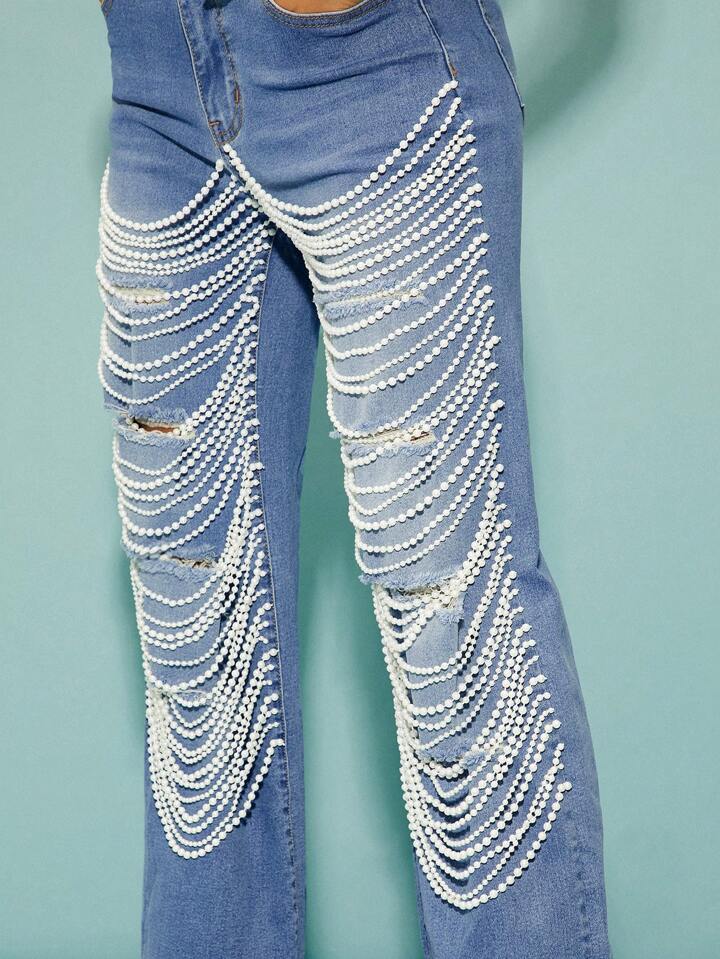 CM-BS628887 Women Elegant Seoul Style Front Botton Pocket Faux Pearl Decor Straight Leg Jeans