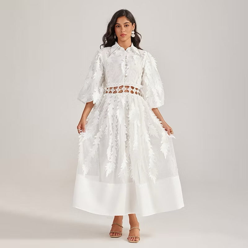 CM-DY055505 Women Elegant European Style Collar Rhinestone Neckline Half Sleeve Hollow Out Long Dress - White