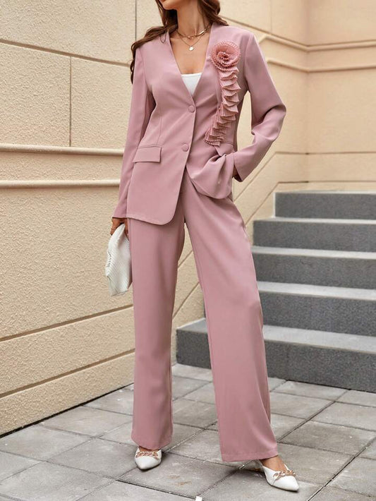 CM-SS112085 Women Elegant Seoul Style 3D Floral Deep V-Neck Blazer With Long Pants Suit - Baby Pink