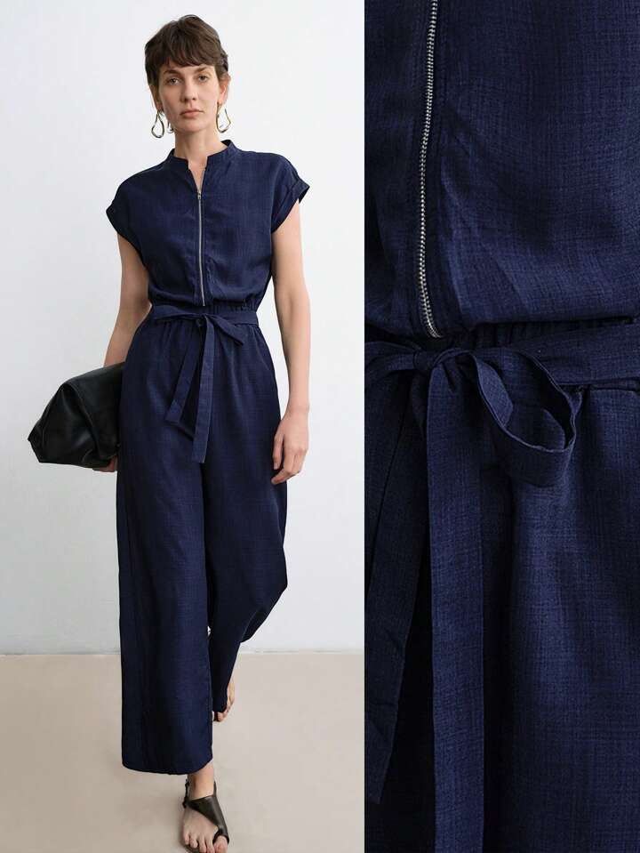 CM-JS025073 Women Casual Seoul Style Stand Collar Cap Sleeve Cinched Waist Wide Leg Jumpsuit - Blue