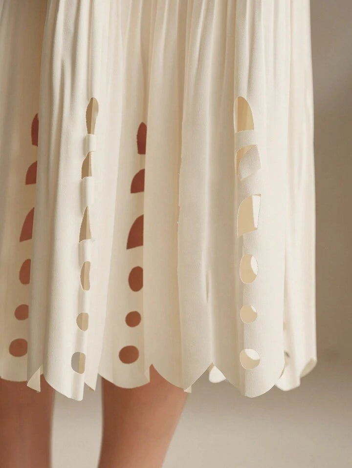 CM-BS200717 Women Elegant Seoul Style Hollow Elastic Waist Pleated Midi Skirt - White