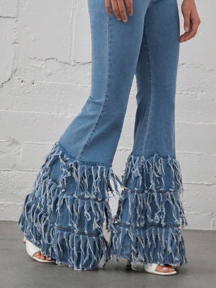 CM-BS078679 Women Casual Seoul Style High Waist Layered Fringe Hem Stretch Denim Flare Leg Jeans