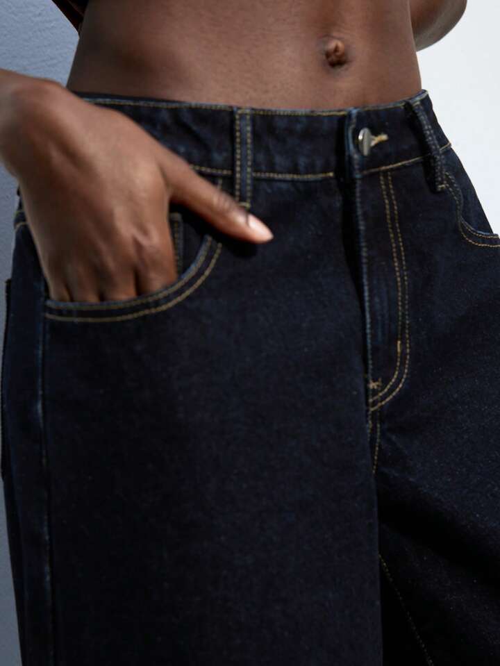 CM-BS881616 Women Casual Seoul Style Dark Wash Straight Leg 7/8 High Waist Loose Fit Denim Pants