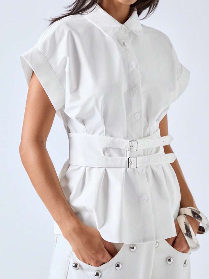 CM-TS242297 Women Casual Seoul Style Shirt Collar Batwing Sleeve Tailored Metal-Decorated Belted Shirt - White
