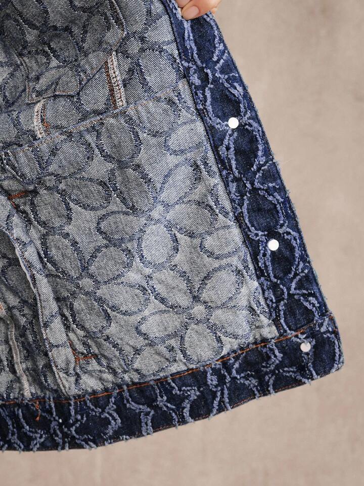 CM-CS134419 Women Casual Seoul Style Collar Neckline Long Sleeve Jacquard Denim Jacket - Blue