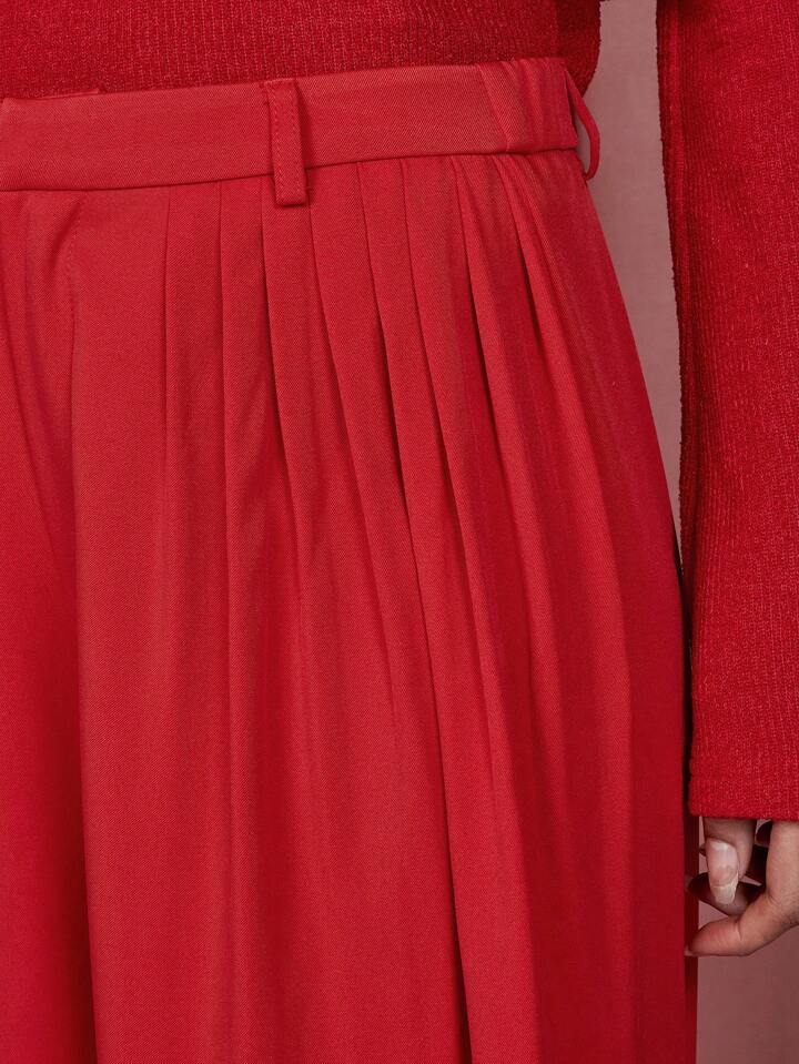 CM-BS170218 Women Elegant Seoul Style High Waist Pleated Long Straight Leg Pants - Red