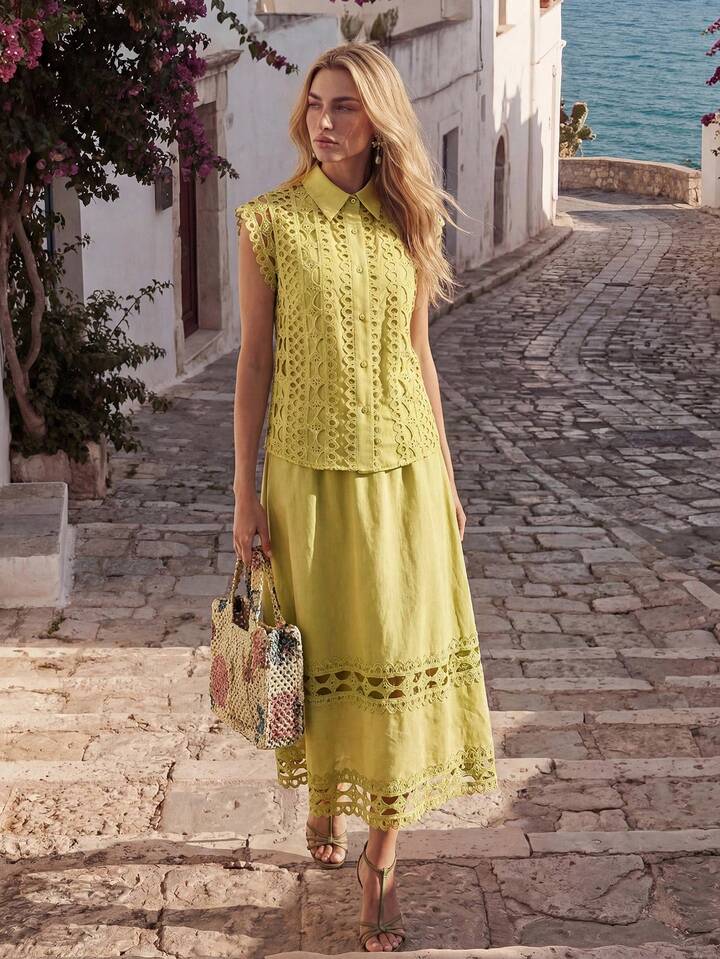 CM-SS636973 Women Elegant Seoul Style Hollow Floral Splice Collar Neckline Sleeveless Shirt With Flared Skirt - Set
