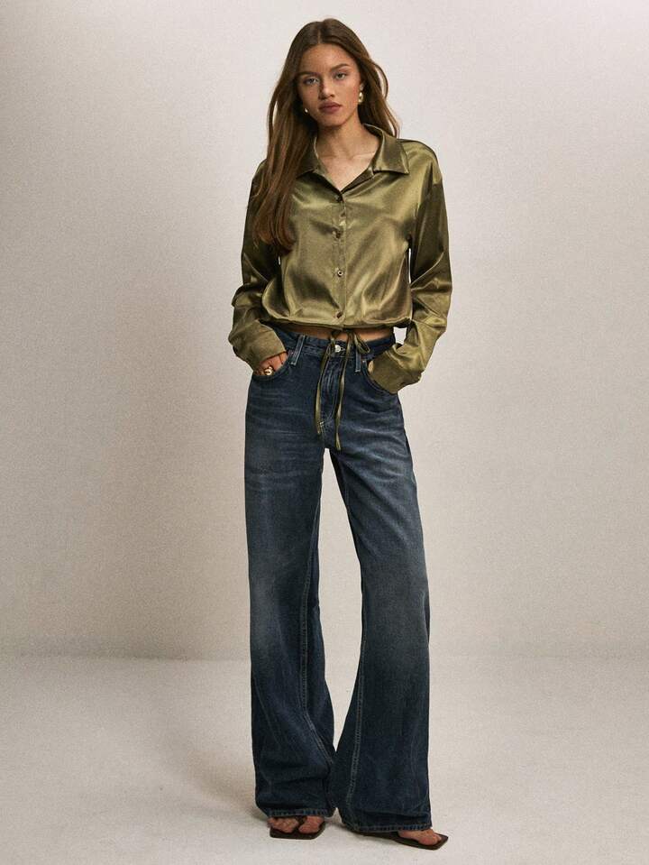 CM-TS161793 Women Elegant Seoul Style Collar Neckline Long Sleeve Drawstring Satin Blouse - Green