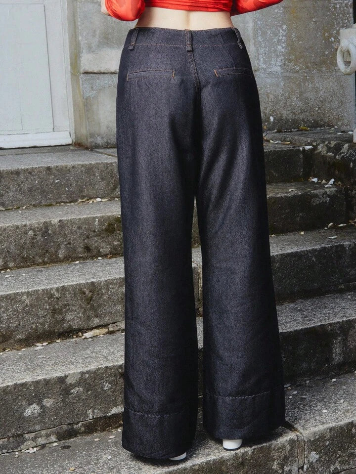 CM-BS339601 Women Casual Seoul Style Dark Wash Seam Front Detail High Waist Flare Denim Jeans