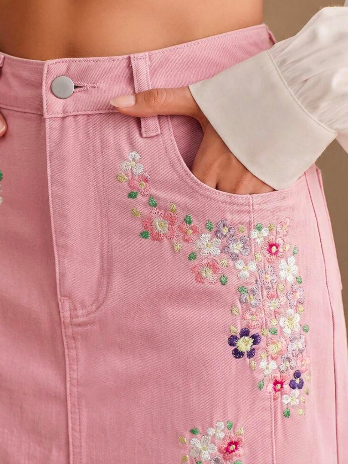 CM-BS478582 Women Casual Seoul Style Mid Waist Embroidery Slimming Design Split A-Line Denim Skirt - Pink