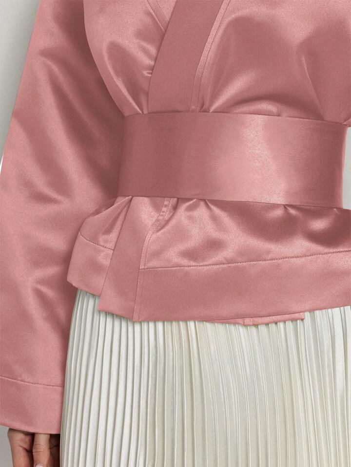 CM-TS829270 Women Elegant Seoul Style Solid Color V-Neck Wrap Flared Sleeve Blouse - Pink
