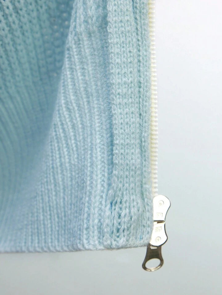 CM-CS258824 Women Casual Seoul Style Turndown Collar Double Zipper Design Knitwear - Baby Blue