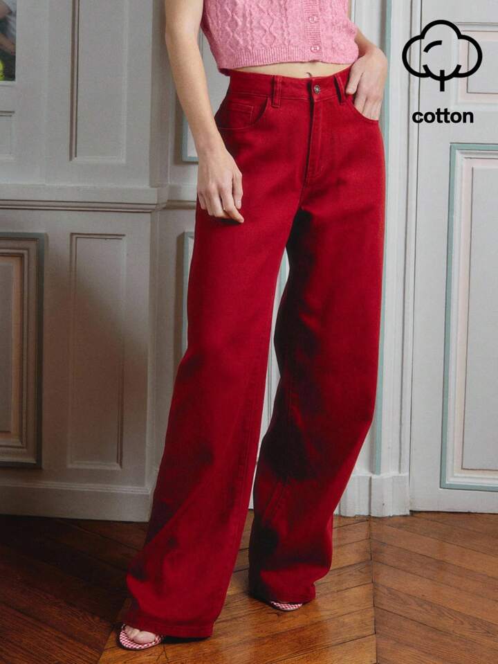 CM-BS311176 Women Casual Seoul Style Mid-Rise Fit Straight Leg Denim Trousers - Red