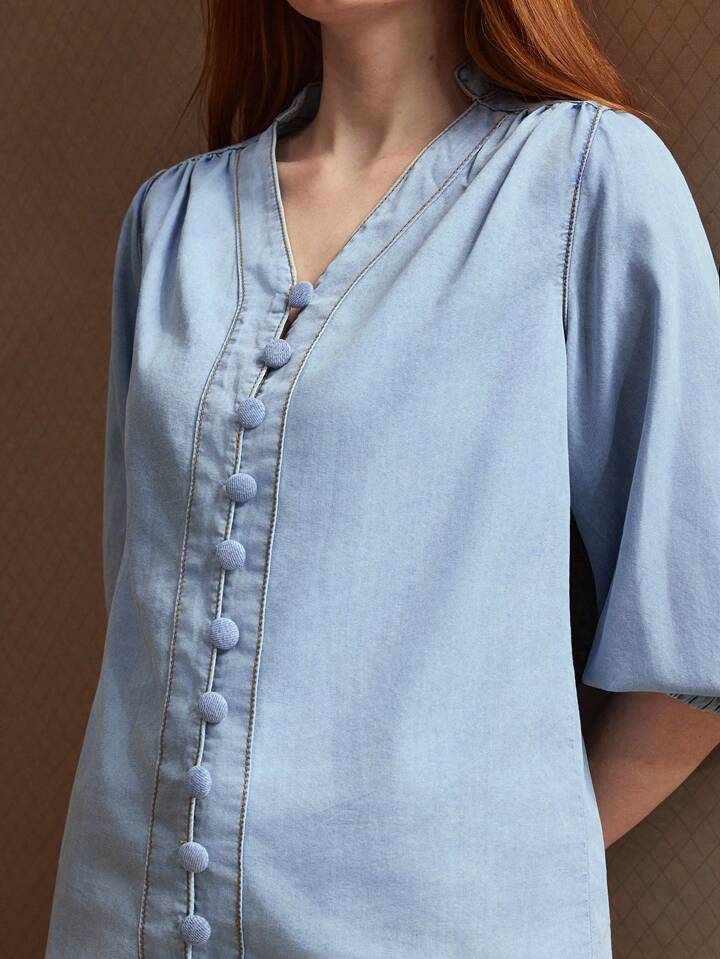 CM-TS906161 Women Casual Seoul Style Notched Neckline 3/4 Sleeve Single-Breasted Denim Blouse - Blue
