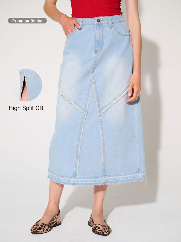 CM-BS781136 Women Casual Seoul Style Fray Seam Non-Stretch Summer Denim Midi Skirt - Blue